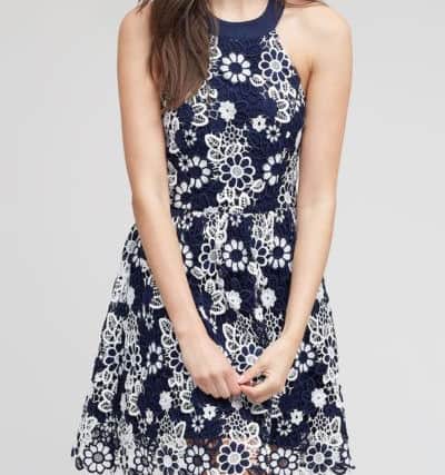 Navy and white lace halter-neck Hokitika dress, Â£158, at Anthroplogie in Victoria Gate in Leeds.