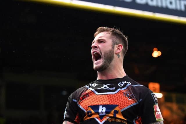 Zak Hardaker celebrates scoring Castleford Tigers' third try against Leeds Rhinos last weekend.  Picture: Bruce Rollinson