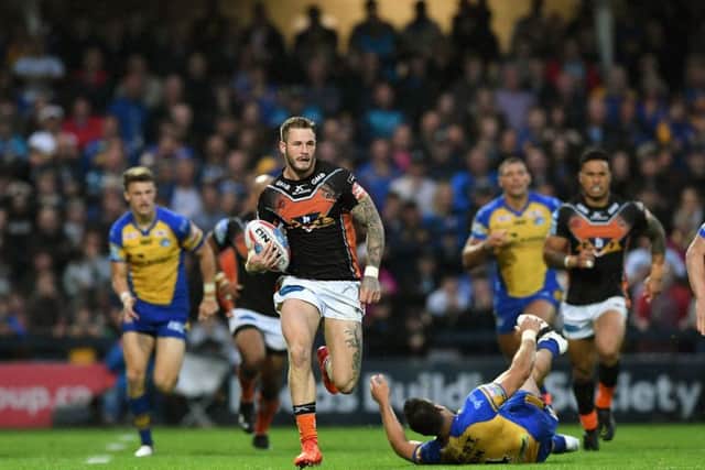 Zak Hardaker breaks to score against Leeds Rhinos last week at Headingley.  Picture: Bruce Rollinson