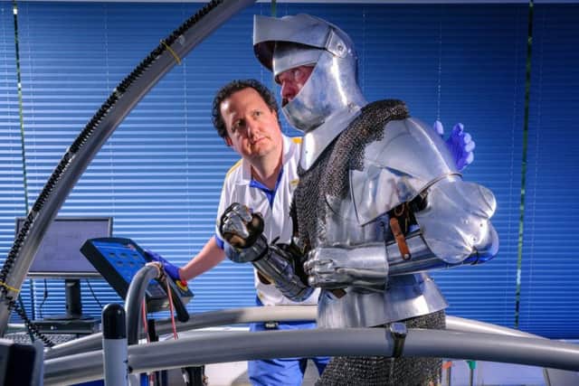 English Heritage jouster Roy Murray being tested at the University of Bath.