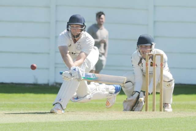 Greg Pickles sweeps for four as Farsley beat Pudsey St Lawrence in the Priestley Cup. PIC: Steve Riding