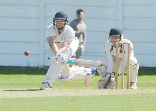 Greg Pickles sweeps for four as Farsley beat Pudsey St Lawrence in the Priestley Cup. PIC: Steve Riding
