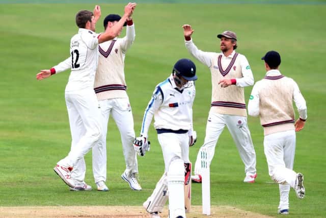 Yorkshires Harry Brook departs for 31 after receiving a snorter from Somersets Craig Overton (Picture: Simon Cooper/PA Wire).