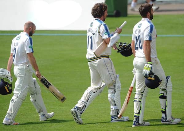 Injured Liam Plunkett, right, his runner Adam Lyth, left, and Ryan Sidebottom leave the field after Yorkshire's defeat to Somerset (Picture: Dave Williams/cricketphotos.co.uk).