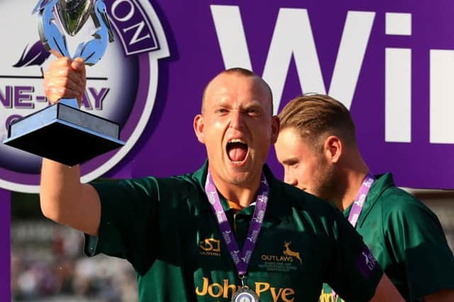 Nottinghamshire's Luke Fletcher celebrates with the trophy after the club's recent One Day Cup final success at Lord's (Picture: John Walton/PA Wire).