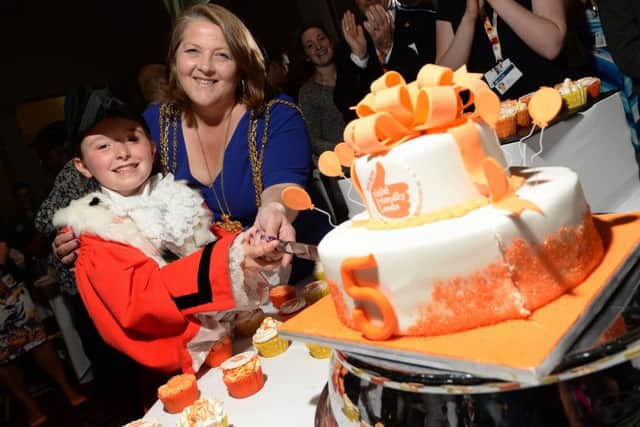 Happy 5th Birthday to Child Friendly Leeds,  at the Child Friendly Leeds Business Ambassador Event Developing a Child Friendly Leeds City Centre. Cake cutting by the Lord Mayor Councillor Jane Dowson and Children's Mayor Grace Branford.3 July 2017.  Picture Bruce Rollinson