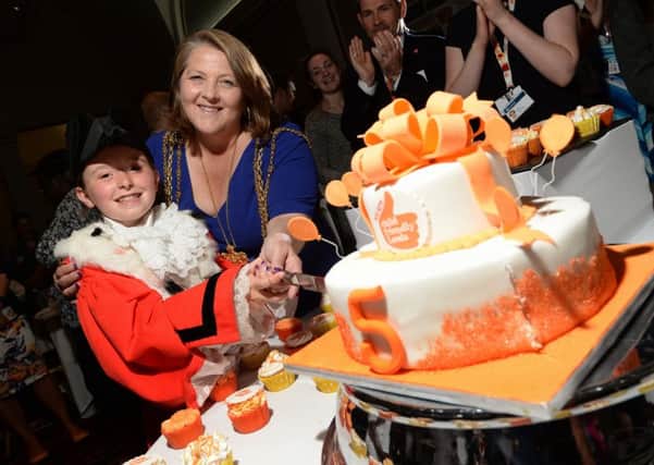 Happy 5th Birthday to Child Friendly Leeds,  at the Child Friendly Leeds Business Ambassador Event Developing a Child Friendly Leeds City Centre.
 Cake cutting by the Lord Mayor Councillor Jane Dowson and Children's Mayor Grace Branford.
3 July 2017.  Picture Bruce Rollinson