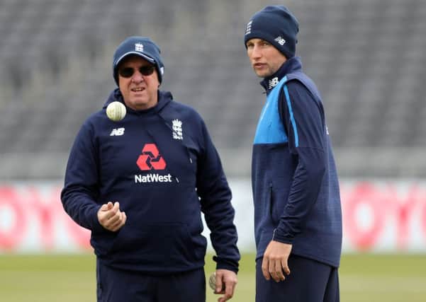 England coach Trevor Bayliss with Test captain, Joe Root. Picture: David Davies/PA.