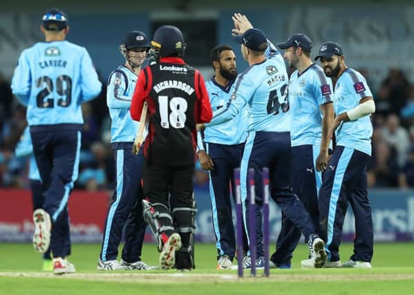 Adil Rashid of Yorkshire celebrates taking the wicket of Michael Richardson (Picture: SWPix.com)