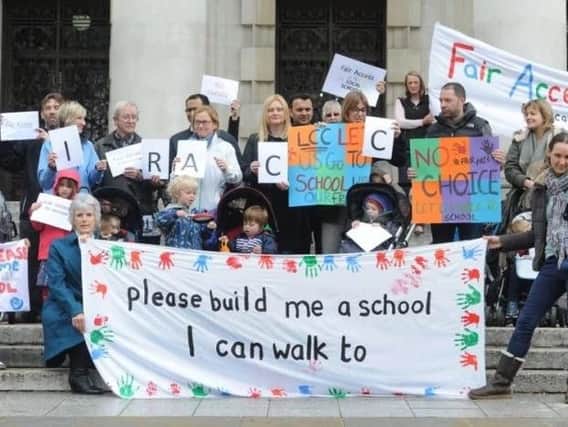 school appeal: The Fair Access group demonstrating at Leeds Civic Hall in 2015; they have threatened to go back to campaigning if progress is not made.