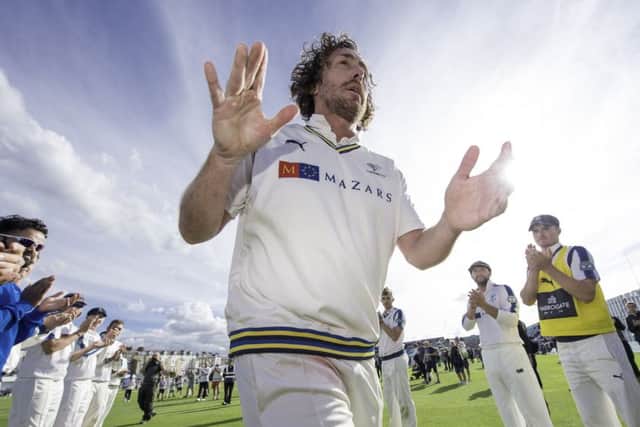 Yorkshire's Ryan Sidebottom leaves the field at North Marine Road, Scarborough, for the last time to a guard of honour (Picture: Allan McKenzie/SWpix.com).