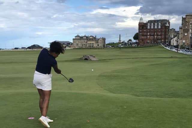 Cookridge Halls Adel Watt, winner of the Girls Open Quaich, drives against one of golfs most famous backdrops, the R&A clubhouse beside the 18th green on the Old Course at St Andrews.
