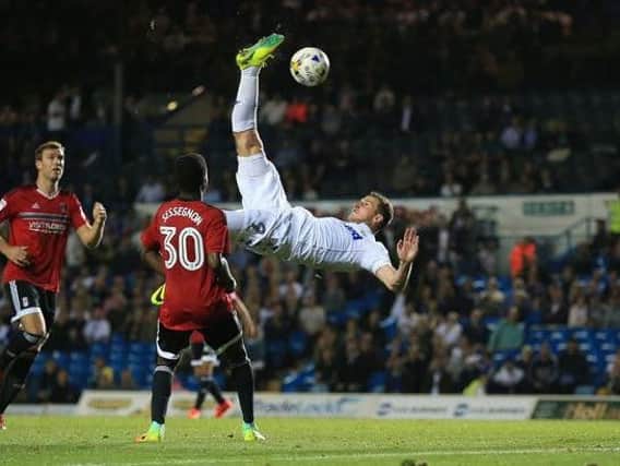 Leeds United striker Chris Wood, scoring against Fulham last season
