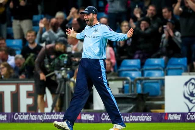 Yorkshire's Jack Leaning celebrates taking the catch of Lancashire's Arron Lilley. Picture by Alex Whitehead/SWpix.com