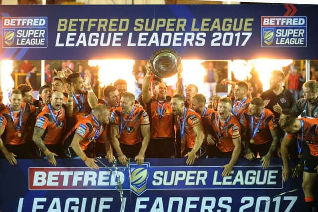 Castleford Tigers celebrate after winning the League Leaders Shield for the first time in their history (Picture: Jonathan Gawthorpe).