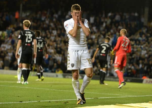 Stuart Dallas reacts after his shot go's wide.
Leeds United v Fulham FC.  SkyBet Championship.  Elland Road.  
15 August 2017.  Picture Bruce Rollinson