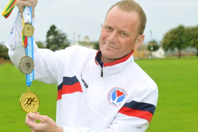 290817 Paul Woodward from Seacroft , Leeds, one of the countries  longest surviving double lung transplant patient  with some of his tranplant games medals.
