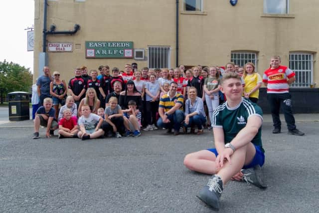 Date: 2nd September 2017.Picture James Hardisty.Homecoming celebration for heart transplant teenager Connor Laws, held at East Leeds ARLFC, Easy Road, Richmond Hill, Leeds. Pictured (Foreground) Connor, with family members and friends looking on.