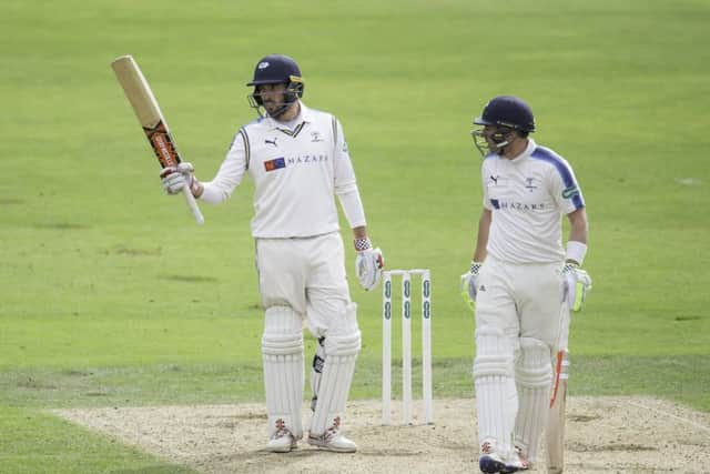 Yorkshire's Jack Leaning celebrates his half century against Middlesex. Picture by Allan McKenzie/SWpix.com
