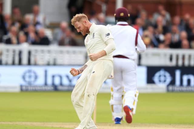 England's Ben Stokes celebrates taking the wicket of West Indies' Kemar Roach on his way to a six-wicket haul. Picture: Adam Davy/PA.