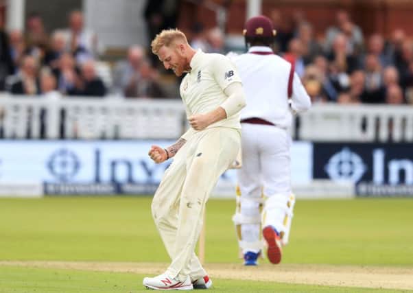 England's Ben Stokes celebrates taking the wicket of West Indies' Kemar Roach on his way to a six-wicket haul. Picture: Adam Davy/PA.
