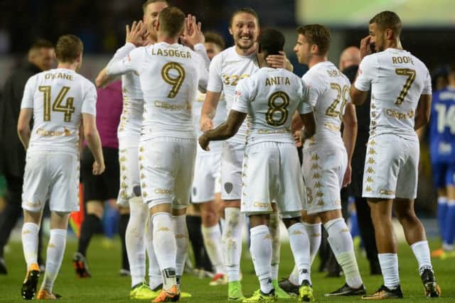 Full time celebrations as Leeds go top of the Championship.
Leeds United v Birmingham City.  SkyBet Championship.  Elland Road.
12 September 2017.  Picture Bruce Rollinson
