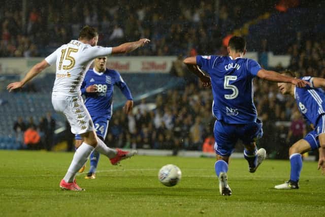 Super sub' Stuart Dallas fires in Leeds' second goal.
 PIC: Bruce Rollinson