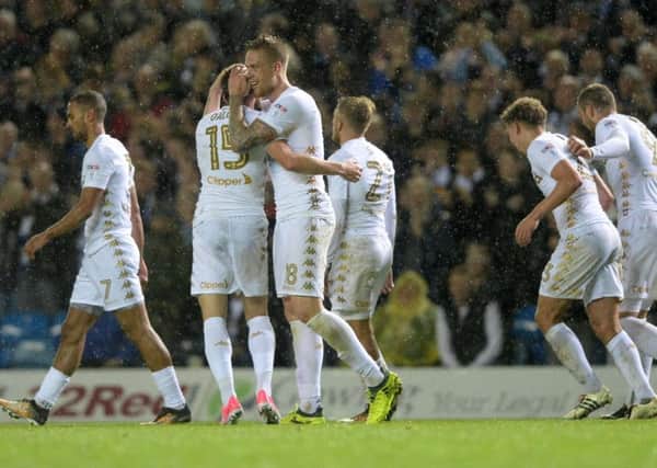 Stuart Dallas celebrates with Pontus Jansson after putting Leeds United 2-0 up. PIC: Bruce Rollinson
