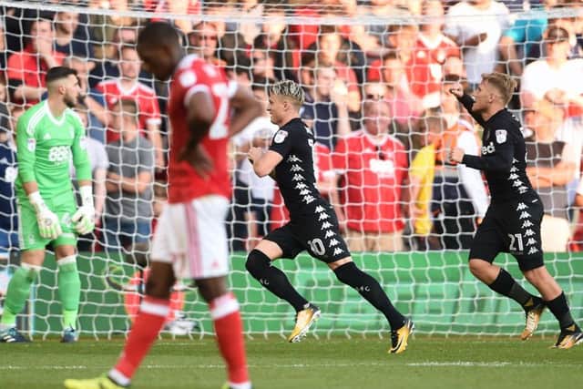 Gjanni Alioski celebrates scoring against Nottingham Forest.