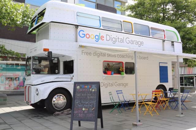 All aboard: Google has converted a traditional double decker bus into a mobile digital training hub.