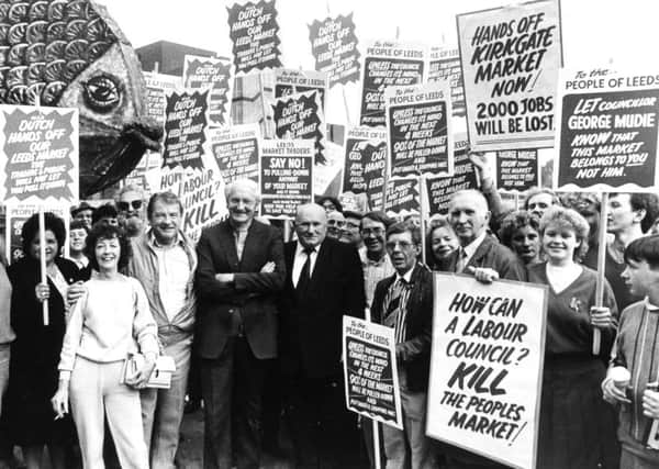 Leeds, 26th September 1985

Leeds Market Traders Protest.

Posters and leaflets are to be banned by law from Leeds Market under proposed new by-laws.

And angry traders say the move is aimed at hindering their long running campaign against council plans to redevelop the historic market site.