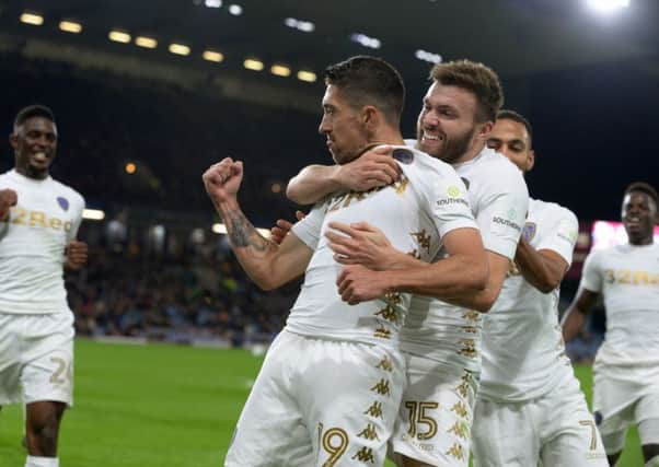 Pablo Hernandez celebrates scoring Leeds second goal from the penalty spot.
 Picture Bruce Rollinson