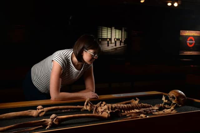 Skeletons: Our Buried Bones exhibition at Leeds City Museum.
Picture is Ruth Martin, Leeds City Museums curator of exhibitions, with the remains of a soldier discovered in a mass grave near the site of the Battle of Towton, a brutal conflict during the Wars of the Roses in 1461.

21 September 2017.  Picture Bruce Rollinson