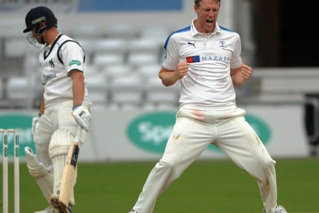 Yorkshires Steve Patterson celebrates trapping Warwickshires Jonathan Trott lbw at Headingley yesterday as he took 4-46 (Picture: Dave Williams/cricketphotos.co.uk).