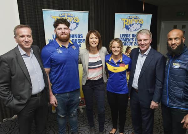 Leeds Rhinos Women's Rugby League launch at Headingley Carnegie Stadium, from left, Alan Long , Director, Mears, Mitch Garbutt, Tanya Arnold, BBC Look North Sports Reporter, Lois Forcell, Leeds Rhinos Womes and Girls Development Officer, Gary Hetherington, chief Exec Leeds Rhinos, Jamie Jones-Buchanan