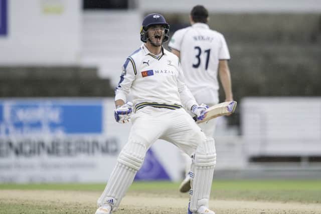 Yorkshire's Jack Brooks celebrates as the winning runs are hit to defeat Warwickshire at Headingley. Picture by Allan McKenzie/SWpix.com