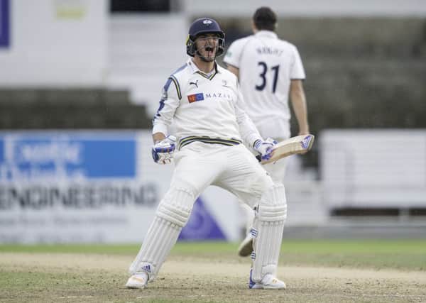 Yorkshire's Jack Brooks celebrates as the winning runs are hit to defeat Warwickshire at Headingley. Picture by Allan McKenzie/SWpix.com