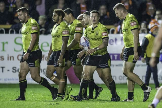 Hull FC's Jamie Shaul is congratulated on scoring a try against Castleford. Picture by Allan McKenzie/SWpix.com