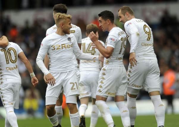 SPANISH FLAIR: Pabo Hernandez, centre, is congratulated by fellow countryman Samu Saiz after helping Leeds United into a 3-1 lead against Saturdays Championship visitors Ipswich Town. Picture by Simon Hulme.
