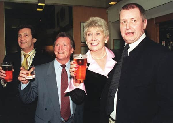 1995: Melvyn Bragg (left) with Coronation Street stars Johnny Briggs and Liz Dawn, and Tony Warren (right).