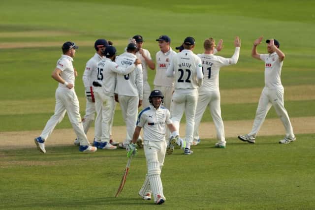 BAD ENDING: Yorkshire's Andy Hodd is dismissed by Essex's Simon Harmer as Yorkshire collapsed to 74 all out. Picture: Steven Paston/PA