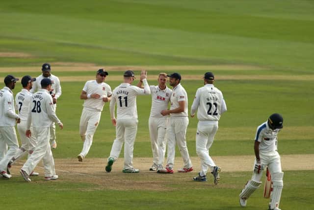 Essex's Jamie Porter celebrates bowling out Yorkshire's Kraigg Brathwaite leg before for 1 as Yorkshire collapsed to 74 all out on day three to lose by 376 runs. Picture: Steven Paston/PA.