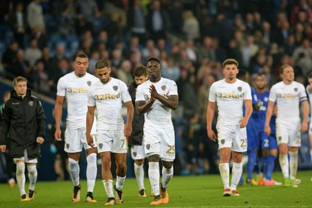 Leeds United's players show their appreciation for the travelling support in Cardiff on Tuesday.  Picture: Bruce Rollinson