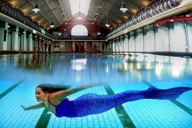 Photo Essay.. The Bramley Mermaid..Yorkshire Aquatic Life, Bramley Baths, Leeds..Lucy Meredith dressed as a mermaid.6th September 2016 ..Picture by Simon Hulme