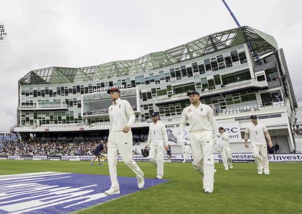 England captain Joe Root leads his team out with Jonny Bairstow for the final day of the test match at Headingley against the West Indies.