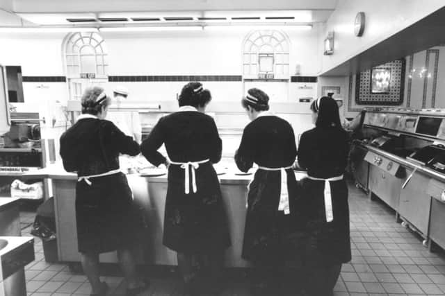 Guiseley, Harry Ramsden's 30th October 1989
Waitresses wait for fish and chips.