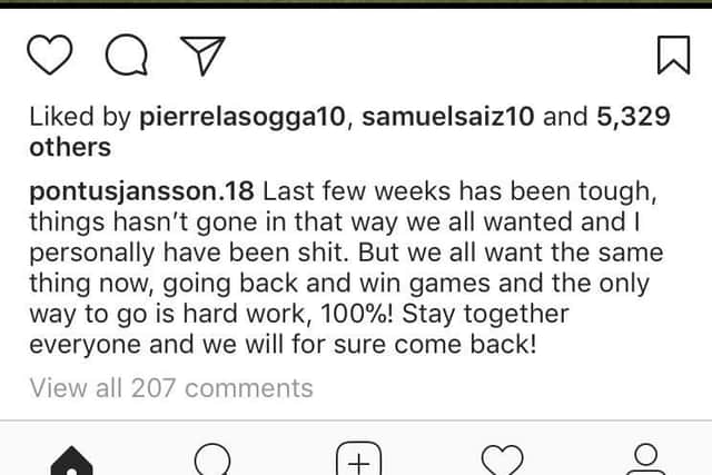 Pontus Jansson's Instagram post, criticising his own form.
