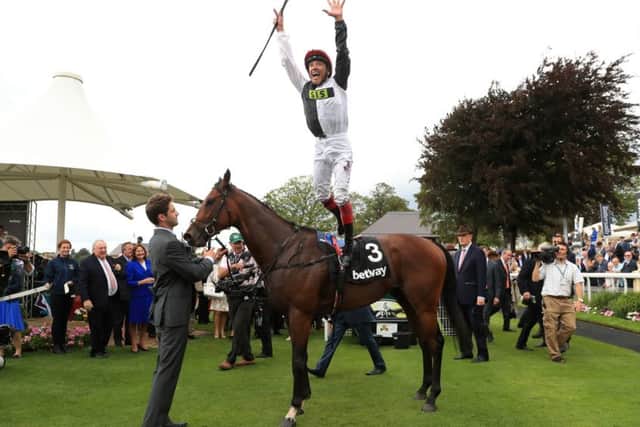 Frankie Dettori celebrates after winning the Betway Great Voltigeur Stakes on Cracksman. PIC: Tim Goode/PA Wire