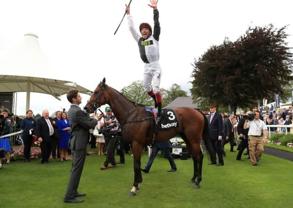 Frankie Dettori celebrates after winning the Betway Great Voltigeur Stakes on Cracksman. PIC: Tim Goode/PA Wire