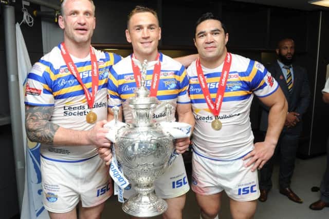 Jamie Peacock Kevin Sinfield and Kylie Leuluai after the Challenge Cup final victory over Hull KR in 2015.